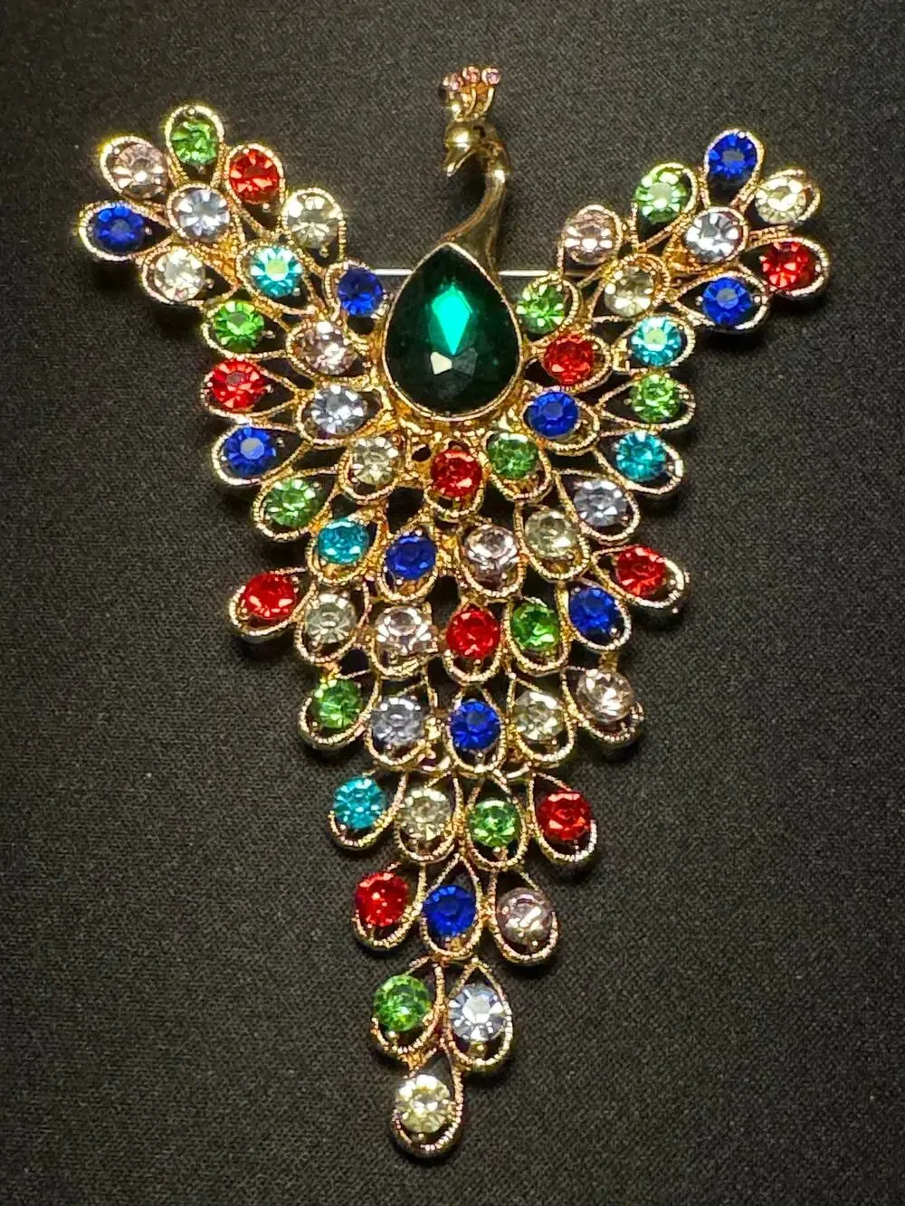 Large Multicolored Rhinstone Articulated Peacock Brooch
